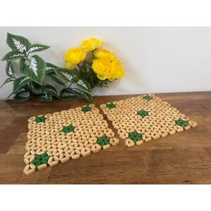 Vintage Bamboo Woven Trivet Mats Set‎ of 2 with Green Flower Design